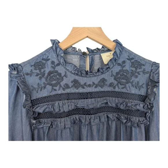 Kate Spade ♠️ Embroidered Indigo Chambray Dress | Medium | Rare Style - Picture 3 of 9